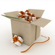 Cardboard box with gifts on white background.