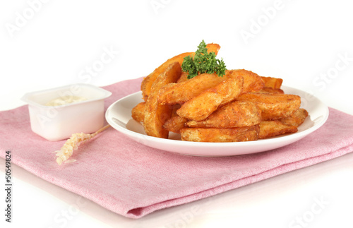 Photo: Appetizing village potatoes on plate isolated on white Appetizing village potatoes on plate isolated on white