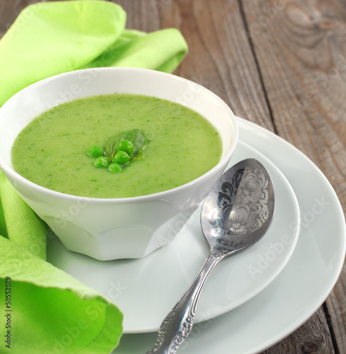 Photo: Fresh green pea soup (Selective Focus, Focus on the pea in the m Fresh green pea soup (Selective Focus, Focus on the pea in the m