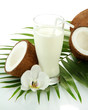 Coconuts with glass of milk, isolated on white