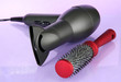 hair dryer and comb brush, on purple background
