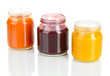 Baby puree in jars isolated on white