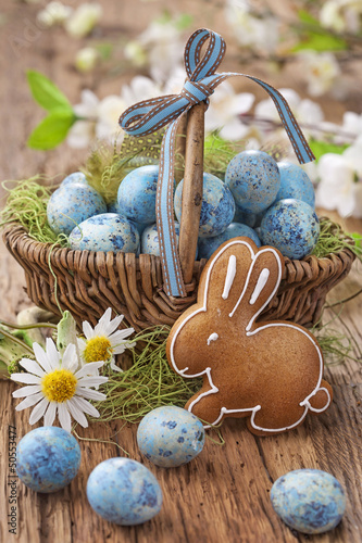 Photo: Easter cookie and blue eggs Easter cookie and blue eggs