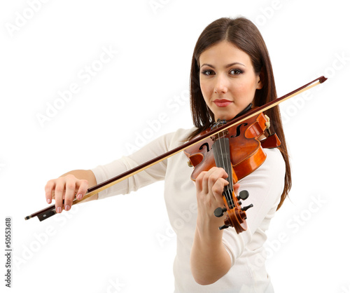 Photo: Beautiful young girl with violin, isolated on white Beautiful young girl with violin, isolated on white