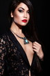 sexy stylish brunette model with bright makeup, with red lips
