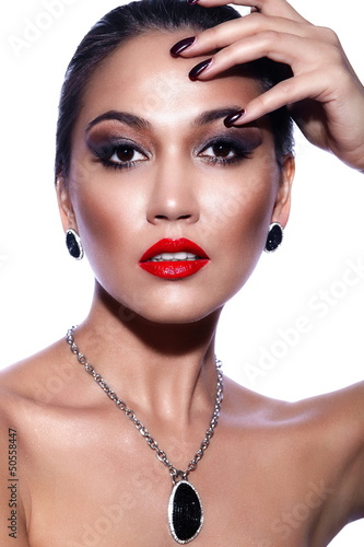 Photo: sexy brunette model with bright makeup,with red lips sexy brunette model with bright makeup,with red lips