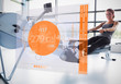 Photo: Young girl on rowing machine with futuristic interface showing c Young girl on rowing machine with futuristic interface showing c