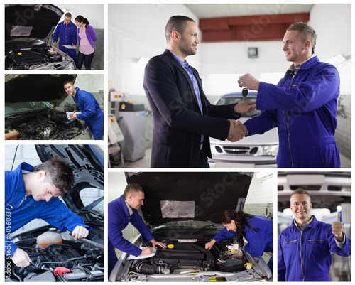 Photo: Collage of mechanics at work with happy customer Collage of mechanics at work with happy customer