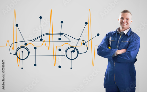 Photo: Mechanic standing in front of a background with car Mechanic standing in front of a background with car