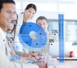 Business people using blue pie chart futuristic interface