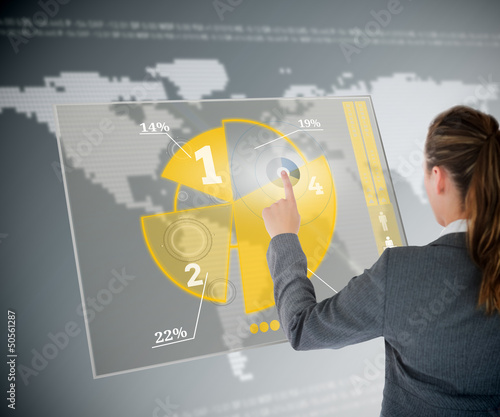Photo: Well dressed business woman using yellow pie chart futuristic in Well dressed business woman using yellow pie chart futuristic in