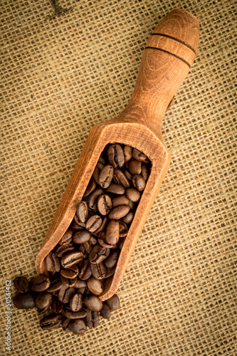 Photo: Wooden shovel of coffee beans Wooden shovel of coffee beans