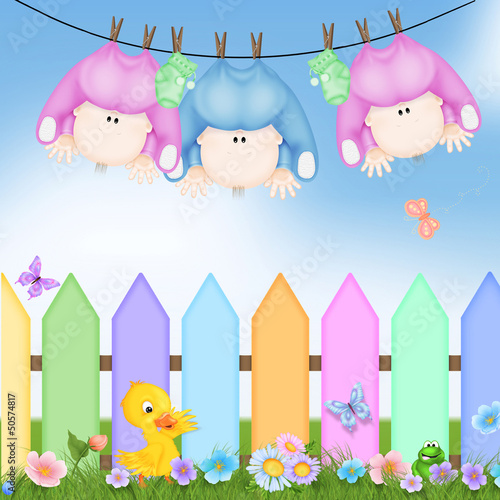 Illustration: triplets on clothesline triplets on clothesline