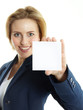 Business woman presenting whiteboard with copyspace