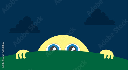 Vector: Moon character peeking above the grass Moon character peeking above the grass