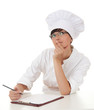female chef thinking, looking up