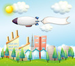 An airship with an empty banner above the high buildings