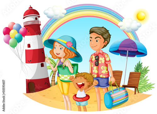 Vector: A family at the beach with a lighthouse A family at the beach with a lighthouse
