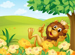 A lion with a crown near a tree in the hill