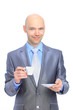 Businessman, drinking coffee. Isolated
