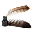 Feathers and ink bottle
