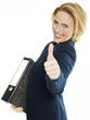 Female apprentice for the office getting a job shows thumb up