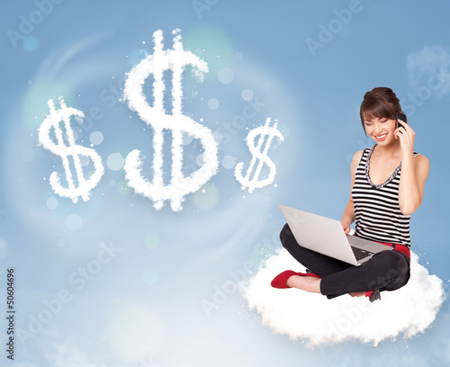 Photo: Young woman sitting on cloud next to cloud dollar signs Young woman sitting on cloud next to cloud dollar signs