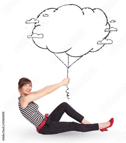 Photo: Young lady holding cloud balloon drawing Young lady holding cloud balloon drawing