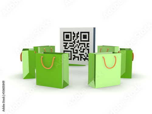 Illustration: Green plastic packets around QR code. Green plastic packets around QR code.