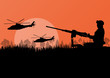 Army soldier with helicopters, guns and transportation
