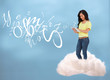 Casual happy girl connecting with cloud computing