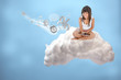 Happy girl connecting to cloud computing and accessing applicati