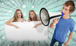 Pretty girls pointing to copy space with young man shouting thro