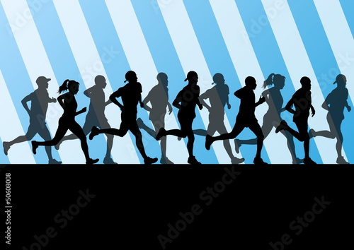 Vector: Man and women marathon runners silhouettes in sport stadium land Man and women marathon runners silhouettes in sport stadium land