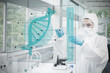 Chemist working cautiously with blue liquid and futuristic inter