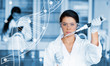 Serious chemist working with white dna helix diagram inteface