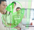 Business people using green pie chart interface