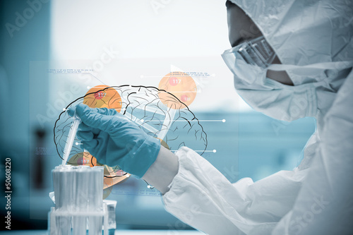 Illustration: Chemist pouring liquid into test tubes with futuristic interface Chemist pouring liquid into test tubes with futuristic interface