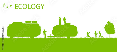 Vector: Ecology camping trailer green vector background card concept Ecology camping trailer green vector background card concept