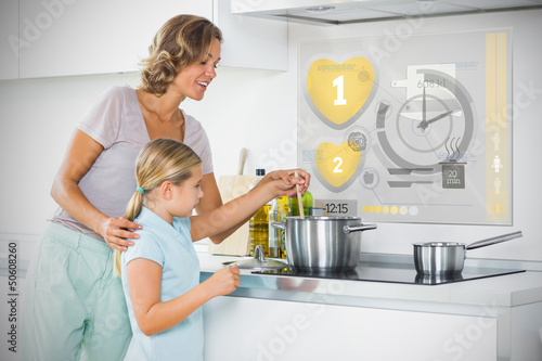 Photo: Mother and daughter making dinner using futuristic interface Mother and daughter making dinner using futuristic interface