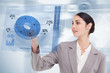 Businesswoman using colorful blue futuristic interface