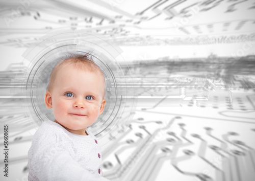 Photo: Portrait of a cute baby over futuristic interface Portrait of a cute baby over futuristic interface