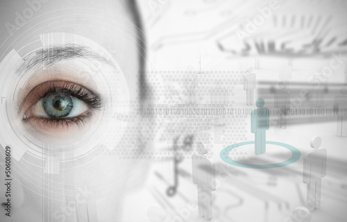 Photo: Close up of woman eye with futuristic interface Close up of woman eye with futuristic interface