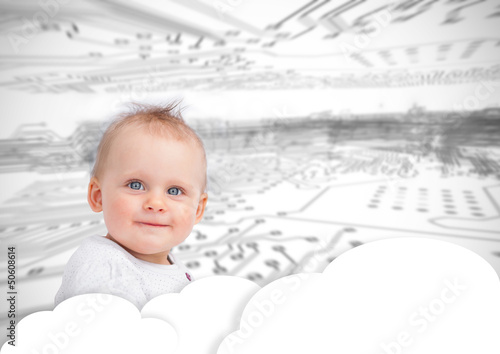 Photo: Portrait of a cute baby over clouds Portrait of a cute baby over clouds