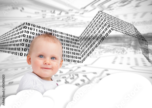 Photo: Portrait of a cute baby over clouds and binary codes Portrait of a cute baby over clouds and binary codes