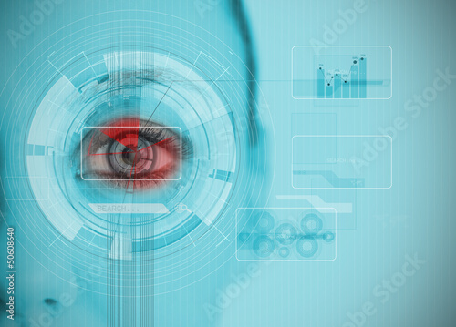 Photo: Close up of woman eye analyzing chart interfaces with datas Close up of woman eye analyzing chart interfaces with datas