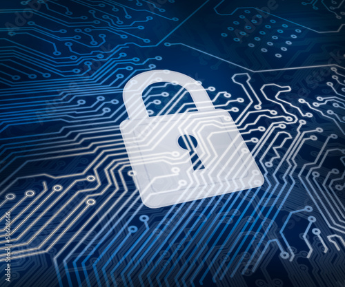 Photo: White digital padlock over circuit board White digital padlock over circuit board
