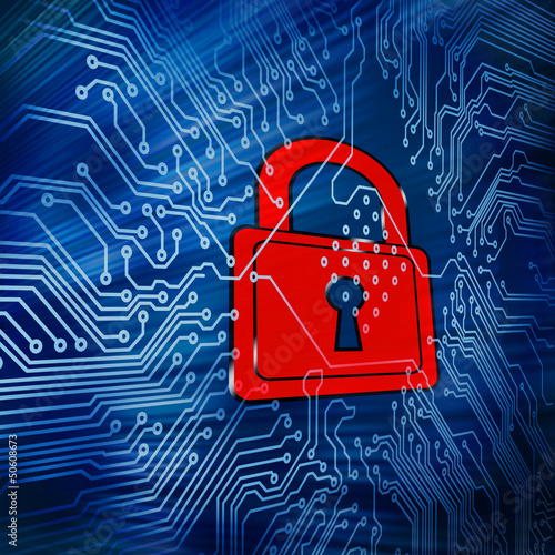 Photo: Digital circuit board with red padlock in the middle Digital circuit board with red padlock in the middle