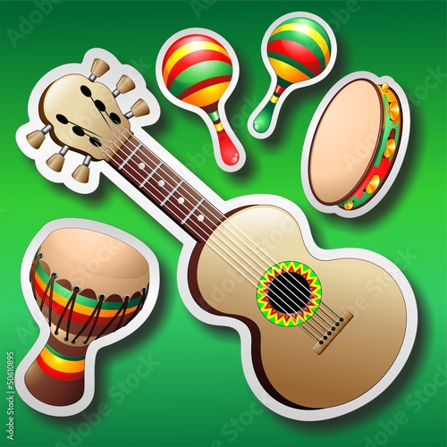 Vector: Guitar Maracas Bongo Stickers on Green-Chitarra maracas Bongo Guitar Maracas Bongo Stickers on Green-Chitarra maracas Bongo
