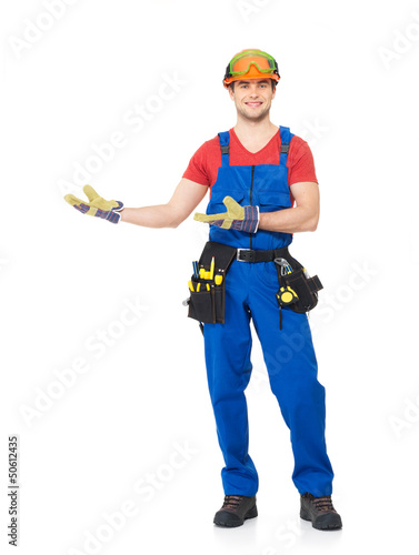 Photo: Handyman with tools full portrait isolated Handyman with tools full portrait isolated